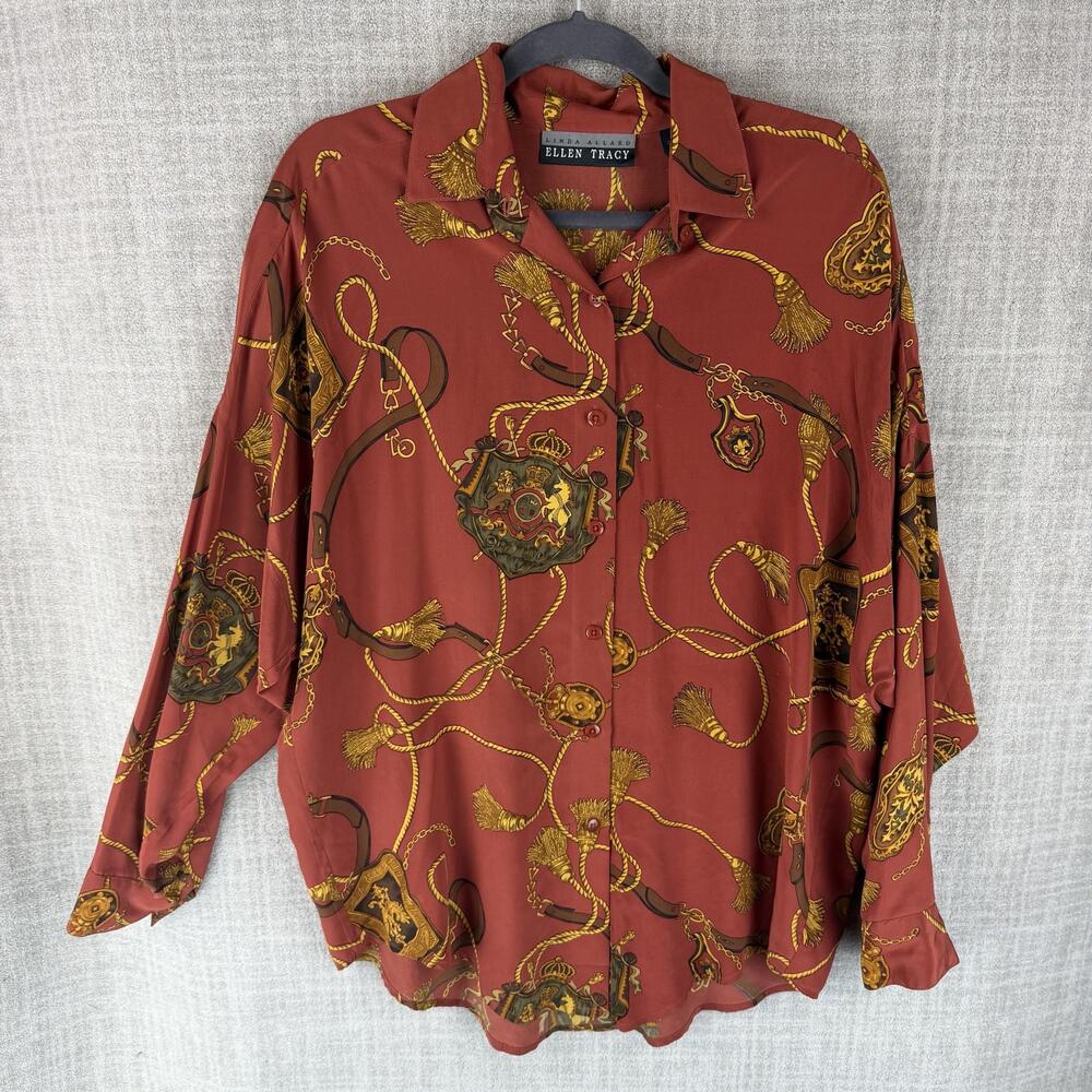 Ellen Tracy Blouse Womens 14 Brown Tunic Collared Long Sleeve Silk Woven Relaxed